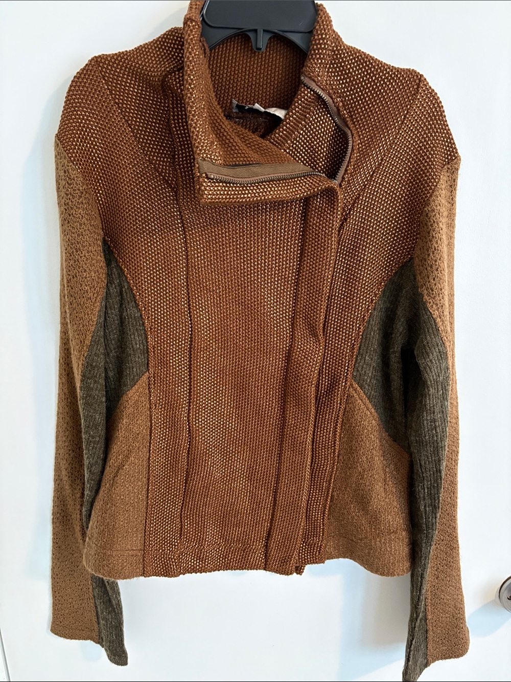 Miss Me Brown Two-Tone Asymmetrical Zip Turtleneck Sweater